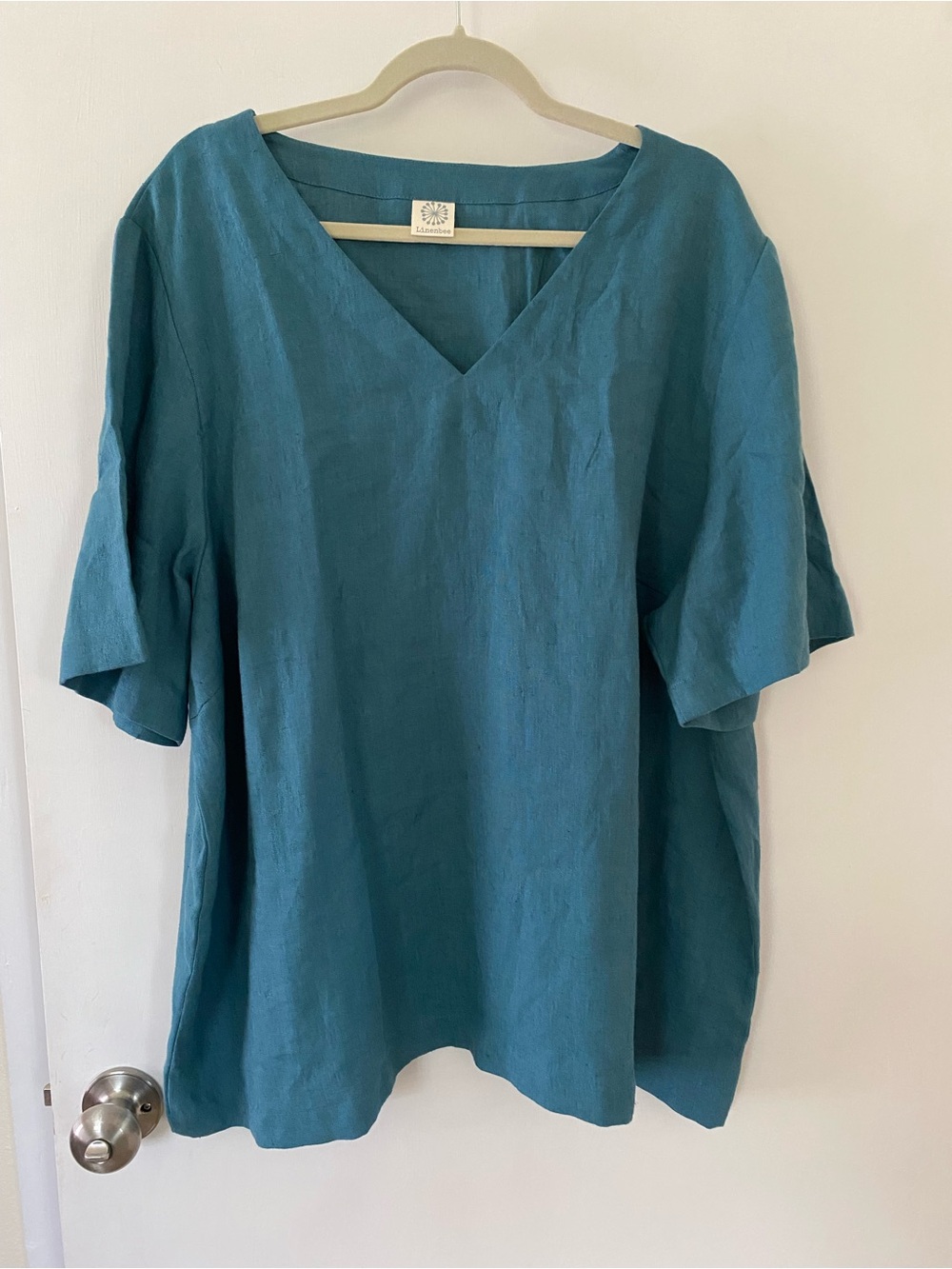Linenbee Linen Tee Teal V-Neck Short Sleeve Linen Top